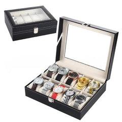 12 Slots Leather Watch Box Black Watch Storage Box